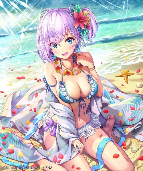 Anime picture 1083x1300 with sengoku enbu-kizna- hhama single tall image looking at viewer blush fringe short hair breasts blue eyes light erotic hair between eyes large breasts sitting bare shoulders cleavage purple hair outdoors barefoot hair flower