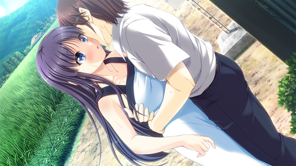 Anime picture 1280x720 with mitsutsubo long hair blush short hair blue eyes brown hair wide image blue hair game cg couple hug girl dress boy plant (plants) grass sundress