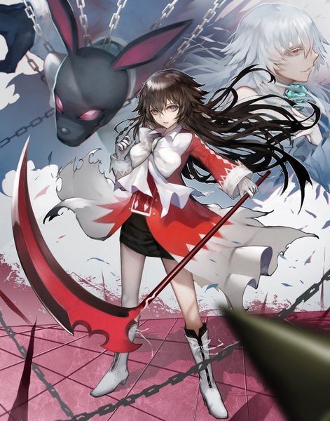 Anime picture 678x864 with pandora hearts xebec alice (pandora hearts) will of the abyss akasen long hair tall image fringe hair between eyes red eyes standing multiple girls holding silver hair full body outdoors braid (braids) profile wind grey eyes