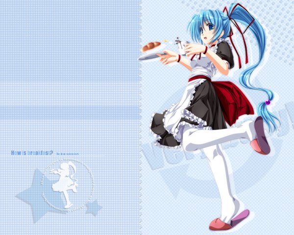 Anime picture 1280x1024 with tenmaso long hair blue eyes blue hair ponytail maid