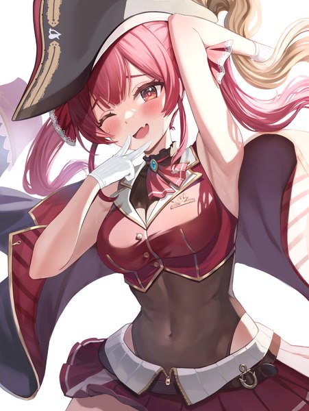 Anime picture 3500x4653 with virtual youtuber hololive houshou marine houshou marine (1st costume) senkou noah single long hair tall image highres open mouth simple background red eyes white background twintails absurdres red hair one eye closed midriff fang (fangs) victory