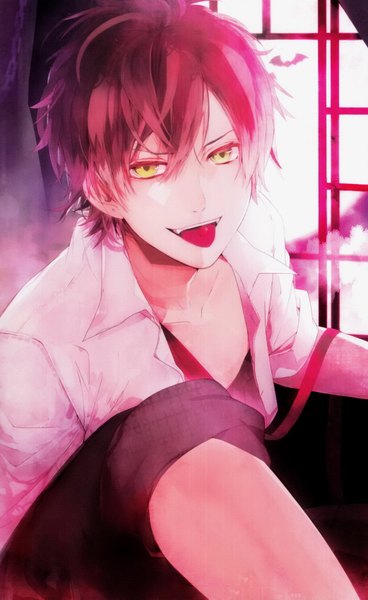 Anime picture 1042x1695 with diabolik lovers idea factory sakamaki ayato single tall image looking at viewer short hair open mouth yellow eyes purple hair partially open clothes vampire boy