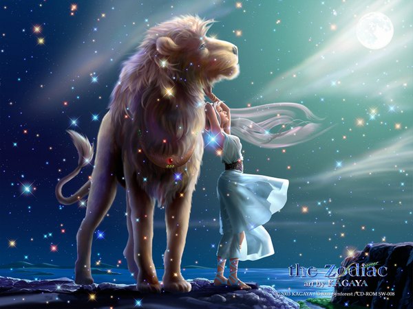 Anime picture 1600x1200 with kagaya long hair silver hair realistic night night sky looking up 3d girl animal moon star (stars) jewelry lion
