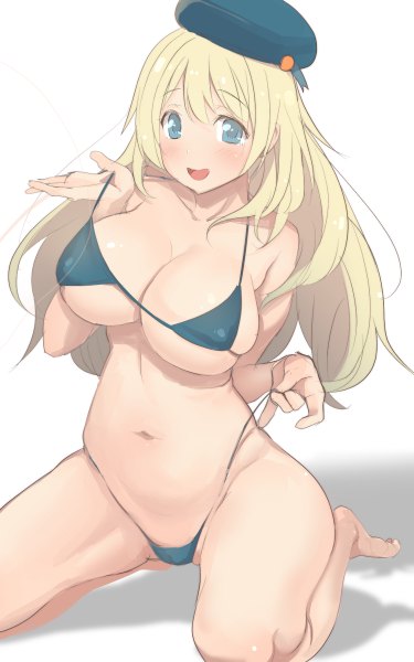 Anime picture 750x1200 with kantai collection atago heavy cruiser namago single long hair tall image blush breasts open mouth blue eyes light erotic blonde hair large breasts barefoot bare belly shadow kneeling girl navel swimsuit
