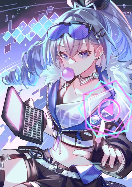 Anime picture 1768x2500 with honkai: star rail honkai (series) silver wolf (honkai: star rail) zoff (daria) single long hair tall image looking at viewer fringe highres hair between eyes purple eyes silver hair ponytail from above midriff piercing ear piercing goggles on head bubble blowing