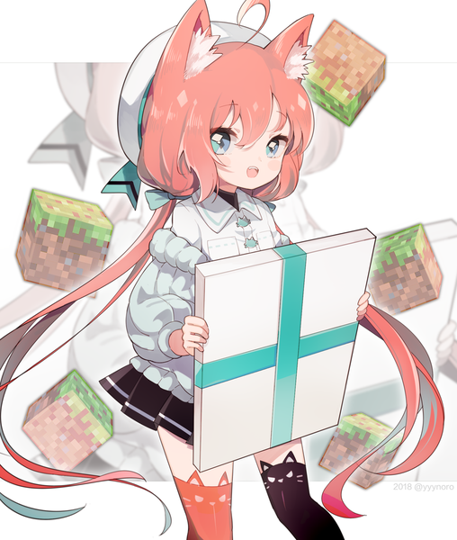 Anime picture 893x1054 with minecraft virtual youtuber hinata channel nekomiya hinata captain yue single long hair tall image looking at viewer blush fringe open mouth blue eyes hair between eyes twintails holding signed animal ears pink hair ahoge