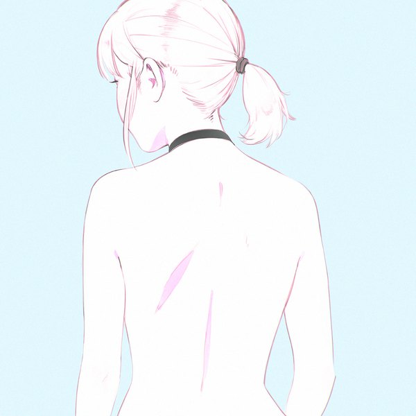 Anime picture 1080x1080 with original ilya kuvshinov single short hair light erotic simple background payot upper body white hair ponytail nude from behind back blue background girl choker