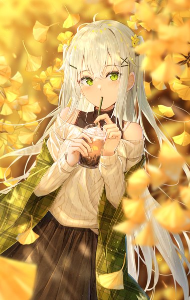 Anime picture 2521x3986 with original na kyo single long hair tall image fringe highres hair between eyes bare shoulders green eyes silver hair outdoors two side up autumn drinking girl hair ornament leaf (leaves) bobby pin x hair ornament