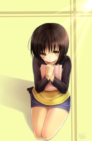 Anime picture 1047x1600 with nhk ni youkoso gonzo nakahara misaki rojiko single tall image short hair brown hair brown eyes girl skirt book (books)