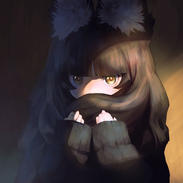 Anime picture 2000x2000 with original cozy single long hair looking at viewer fringe highres simple background brown hair brown eyes animal ears upper body blunt bangs fox ears gradient background fox girl sleeves past wrists dark background shaded face covered mouth