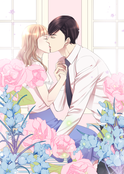 Anime picture 1000x1400 with original nayuta/iho long hair tall image fringe short hair blonde hair brown hair sitting indoors blunt bangs eyes closed profile leaning leaning forward couple holding hands kiss girl boy