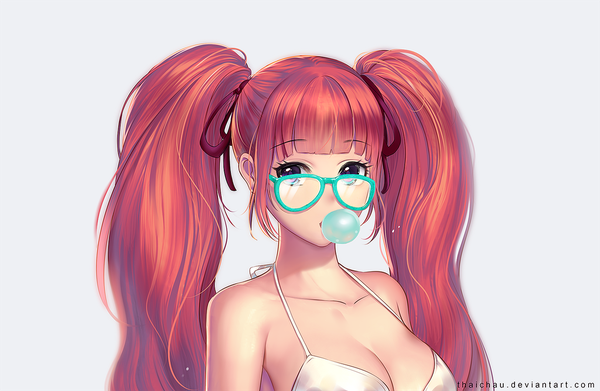 Anime picture 1024x669 with original riiya (mabong1989) single long hair looking at viewer fringe breasts light erotic simple background large breasts purple eyes twintails bare shoulders signed payot cleavage upper body red hair blunt bangs grey background