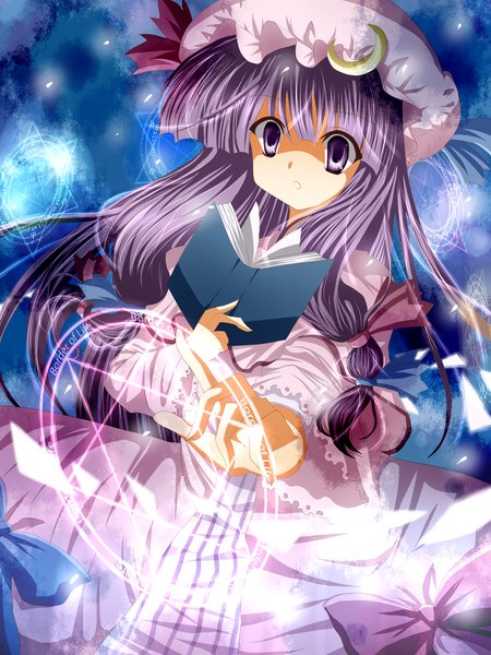 Anime picture 1200x1600 with touhou patchouli knowledge remoyona single long hair tall image purple eyes purple hair magic tress ribbon girl ribbon (ribbons) hair ribbon hat book (books) moon (symbol) magic circle