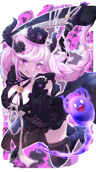 Anime picture 1816x3233 with master detective archives: rain code shinigami (rain code) shinigami (ghost) (rain code) nazmocha single long hair tall image highres breasts light erotic large breasts purple eyes pink hair cleavage braid (braids) horn (horns) twin braids :q dual persona girl