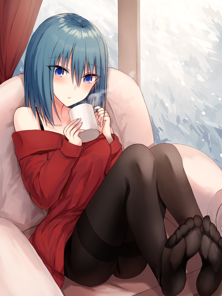 Anime picture 975x1300 with original kinona (kino10) single tall image looking at viewer blush fringe short hair blue eyes light erotic hair between eyes sitting bare shoulders holding blue hair full body bent knee (knees) indoors off shoulder :o