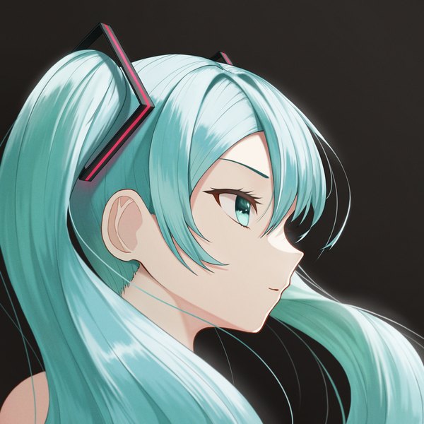 Anime picture 3000x3000 with vocaloid hatsune miku batorasama single long hair fringe highres simple background hair between eyes twintails looking away profile aqua eyes aqua hair floating hair black background portrait shiny girl hair ornament