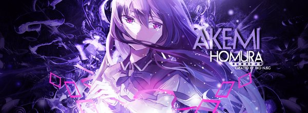 Anime picture 851x315 with mahou shoujo madoka magica shaft (studio) akemi homura rella redeye27 single long hair fringe hair between eyes wide image purple hair pink eyes wind character names tears covered mouth magical girl girl