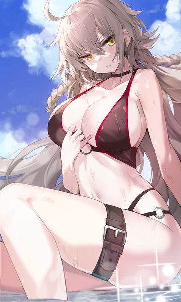 Anime picture 842x1400 with fate (series) fate/grand order jeanne d'arc (fate) (all) jeanne d'arc alter (fate) jeanne d'arc alter (swimsuit berserker) (fate) goomrrat single long hair tall image looking at viewer blush fringe breasts light erotic hair between eyes sitting yellow eyes payot sky cloud (clouds)