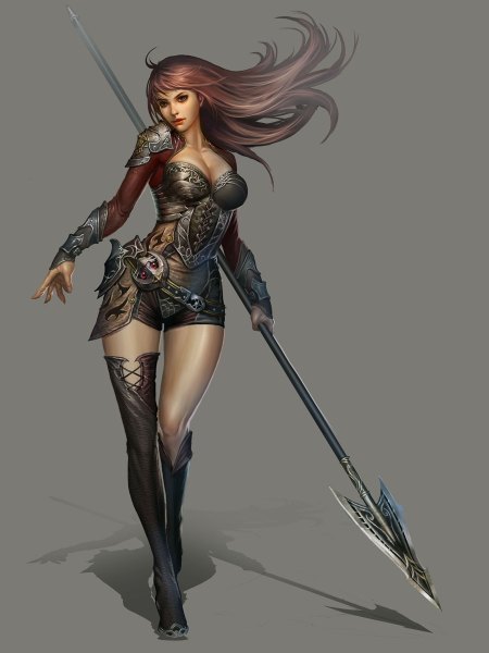 Anime picture 900x1200 with agidulle (artist) single long hair tall image looking at viewer simple background standing wind realistic grey background shadow girl weapon armor spear