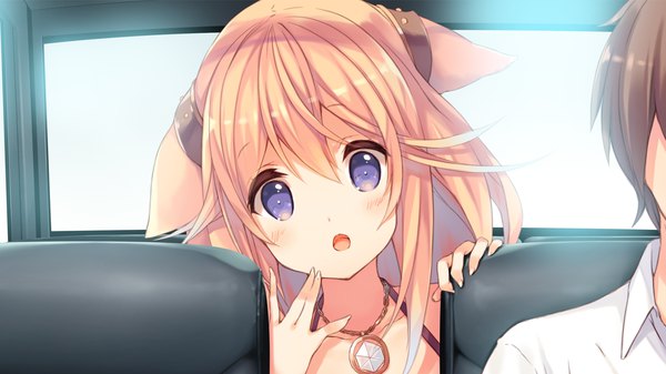 Anime-Bild 1280x720 mit karakara leon laird rebecca valentine p19 long hair fringe short hair open mouth blonde hair hair between eyes brown hair wide image purple eyes animal ears game cg head tilt solo focus car interior girl boy