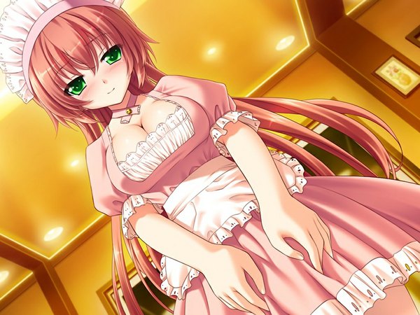 Anime picture 1024x768 with ouka sengoku! oda nobunaga (ouka sengoku) long hair blush light erotic green eyes game cg red hair maid girl