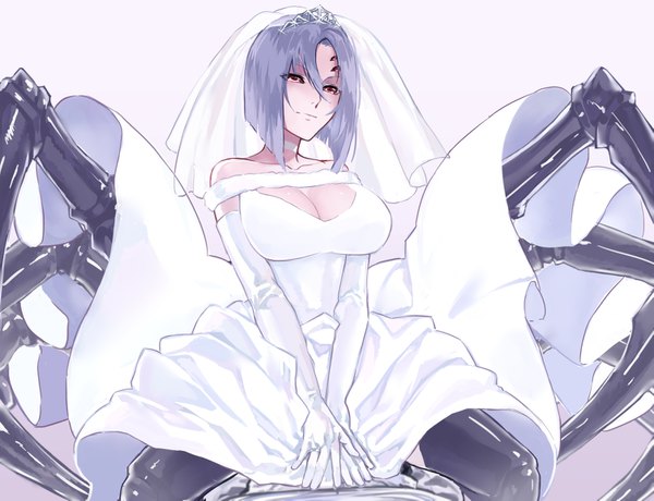 Anime picture 1505x1155 with monster musume no iru nichijou rachnera arachnera zakirsiz single looking at viewer blush fringe short hair breasts light erotic simple background hair between eyes large breasts bare shoulders brown eyes cleavage purple hair light smile pink background monster girl