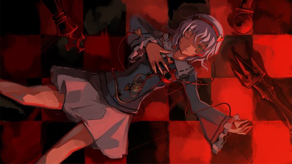 Anime-Bild 1453x817 mit touhou komeiji satori shimadoriru single looking at viewer fringe short hair wide image green eyes pink hair lying one eye closed from above hand on chest shaded face checkered floor expressionless floor girl skirt