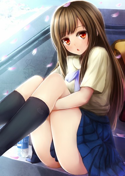 Anime picture 709x1001 with idolmaster idolmaster cinderella girls mizumoto yukari kero (tomoki-tiger) single long hair tall image looking at viewer blush open mouth light erotic red eyes brown hair sitting girl skirt uniform school uniform petals socks