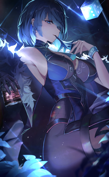 Anime picture 2373x3837 with genshin impact yelan (genshin impact) amir0 single tall image looking at viewer fringe highres short hair breasts blue eyes light erotic large breasts sitting blue hair cleavage from below glove biting girl gloves
