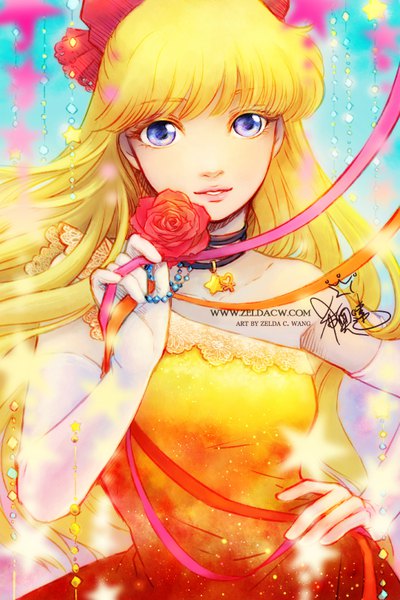 Anime picture 540x810 with bishoujo senshi sailor moon toei animation aino minako zelda c. wang single long hair tall image looking at viewer fringe blonde hair purple eyes holding signed upper body arm up lips sparkle depth of field hand on hip lipstick