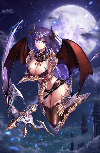 Anime picture 652x1000 with original nell p single long hair tall image looking at viewer fringe breasts blue eyes light erotic smile large breasts holding cleavage purple hair cloud (clouds) bent knee (knees) horn (horns) from above night