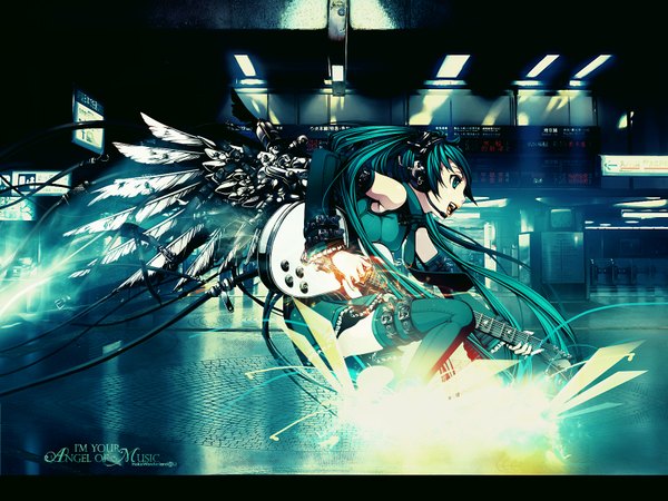 Anime picture 1600x1200 with vocaloid hatsune miku torigoe takumi single long hair open mouth twintails profile aqua eyes aqua hair wallpaper playing instrument girl thighhighs wings thigh strap musical instrument guitar headset electric guitar