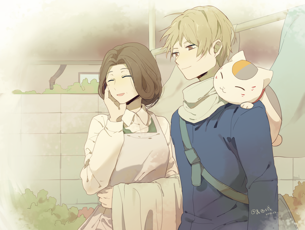 Anime picture 1322x1000 with natsume yuujinchou brains base (studio) natsume takashi madara (nyanko-sensei) fujiwara touko xi yuu short hair open mouth blonde hair smile brown hair brown eyes signed looking away outdoors eyes closed twitter username dated hand on cheek animal on shoulder