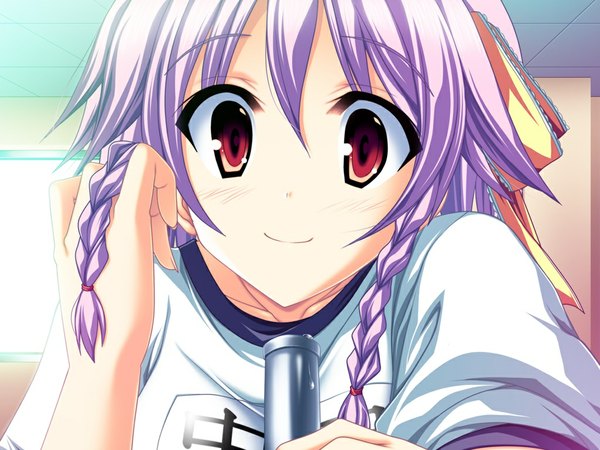 Anime picture 1024x768 with henshin!!! ~pantsu ni natte kunkun peropero~ may-be soft akaza long hair smile red eyes game cg purple hair braid (braids) twin braids girl uniform gym uniform