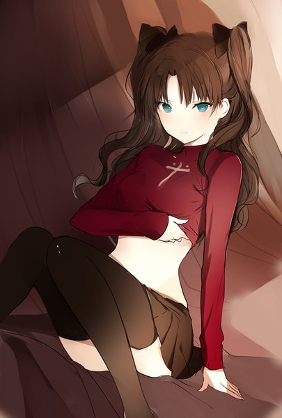 Anime picture 700x1036 with fate (series) fate/stay night type-moon toosaka rin lpip single long hair tall image looking at viewer blush fringe breasts blue eyes light erotic brown hair sitting twintails bent knee (knees) pleated skirt bare belly