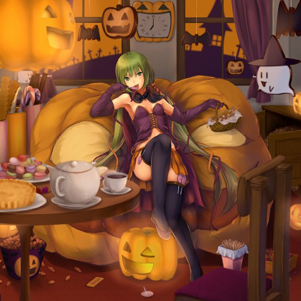 Anime picture 1000x1000 with vocaloid hatsune miku bit (keikou syrup) single long hair looking at viewer twintails green eyes green hair halloween girl thighhighs dress gloves black thighhighs miniskirt elbow gloves food sweets couch