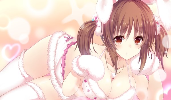 Anime picture 1042x611 with idolmaster idolmaster cinderella girls totoki airi nakatama kyou single long hair looking at viewer blush breasts light erotic brown hair wide image twintails brown eyes animal ears cleavage bunny ears girl thighhighs white thighhighs