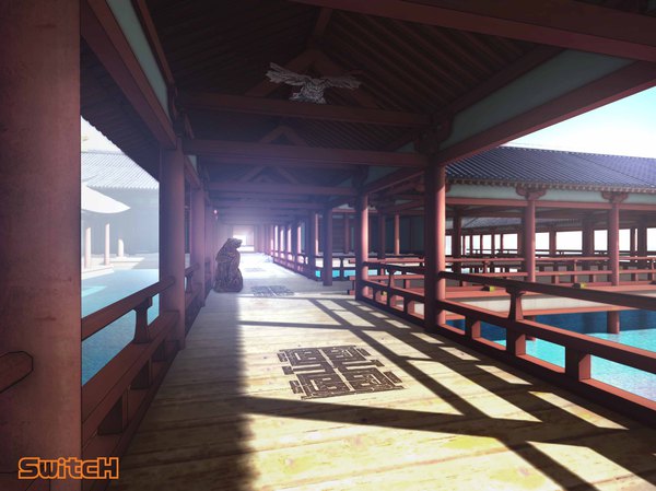 Anime picture 2126x1594 with original mitsuki highres signed sky sunlight shadow no people architecture east asian architecture water railing statue
