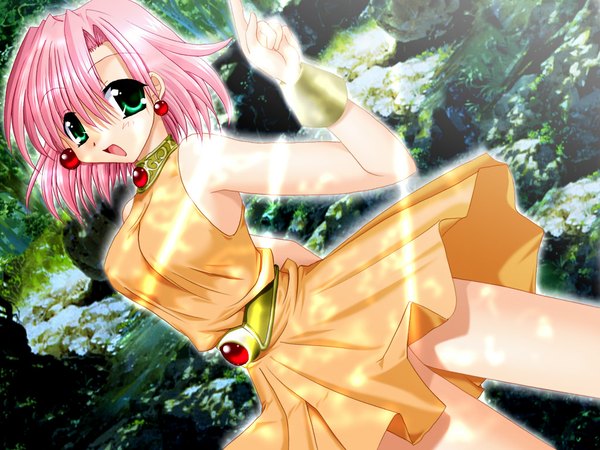 Anime picture 1024x768 with tajima yoshikazu single looking at viewer fringe short hair open mouth bare shoulders green eyes pink hair sunlight wallpaper soft beauty girl dress earrings