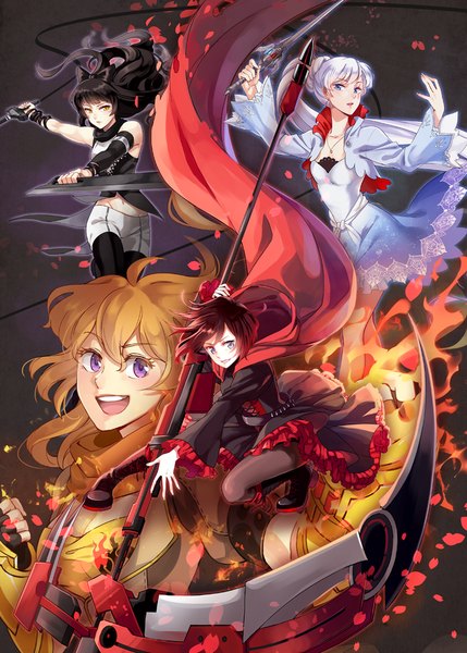 Anime picture 800x1118 with rwby rooster teeth ruby rose weiss schnee blake belladonna yang xiao long lo-wah long hair tall image looking at viewer short hair breasts open mouth blue eyes black hair simple background smile bare shoulders multiple girls yellow eyes