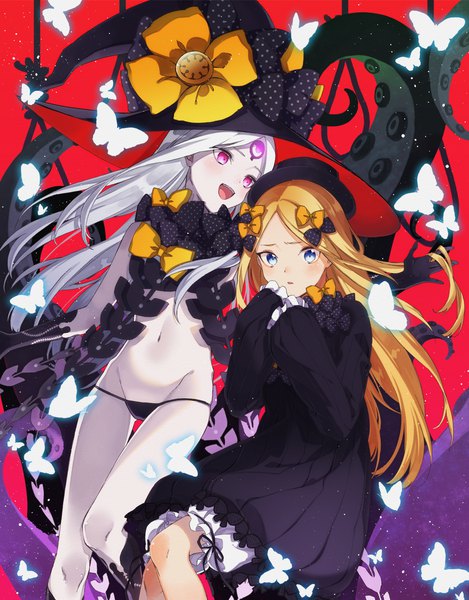 Anime picture 1800x2303 with fate (series) fate/grand order abigail williams (fate) abigail williams (third ascension) (fate) shimi to ufu long hair tall image blush highres open mouth blue eyes light erotic blonde hair multiple girls silver hair :d pink eyes groin dual persona white skin
