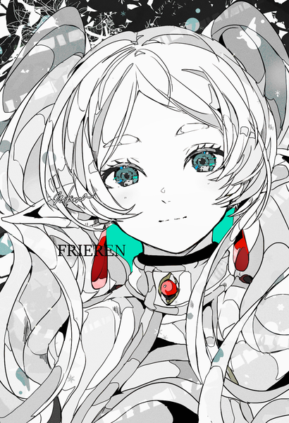 Anime picture 1119x1637 with sousou no frieren frieren 3kuma single long hair tall image looking at viewer twintails upper body aqua eyes pointy ears character names monochrome elf spot color girl earrings