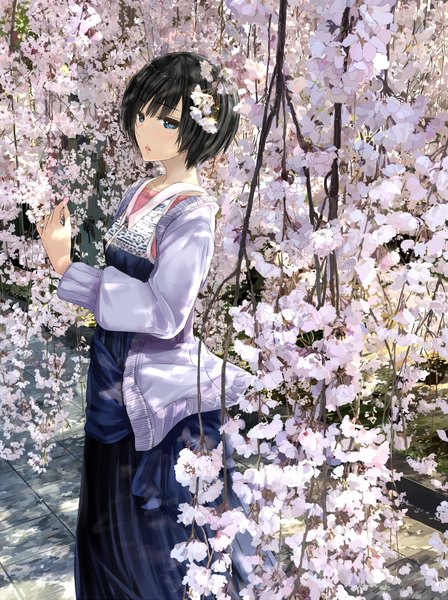 Anime picture 1300x1741 with haunted campus nada koyomi mikipuruun no naegi single tall image looking at viewer short hair open mouth blue eyes black hair cherry blossoms spring girl dress flower (flowers) plant (plants) tree (trees)