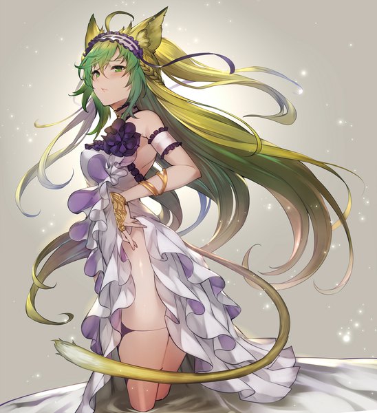 Anime picture 1872x2048 with fate (series) fate/grand order fate/hollow ataraxia atalanta (fate) stheno kakage single long hair tall image looking at viewer blush fringe highres breasts light erotic simple background blonde hair hair between eyes standing green eyes