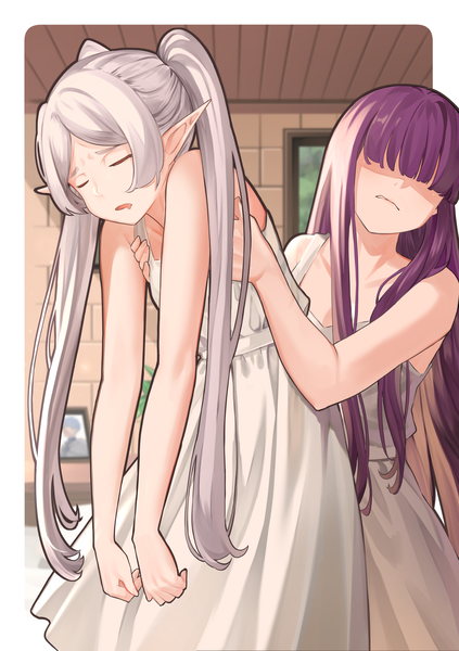 Anime picture 1239x1756 with sousou no frieren frieren fern (sousou no frieren) nonh (wormoftank) long hair tall image fringe multiple girls silver hair purple hair indoors blunt bangs eyes closed pointy ears border elf sleeping outside border hair over eyes carrying