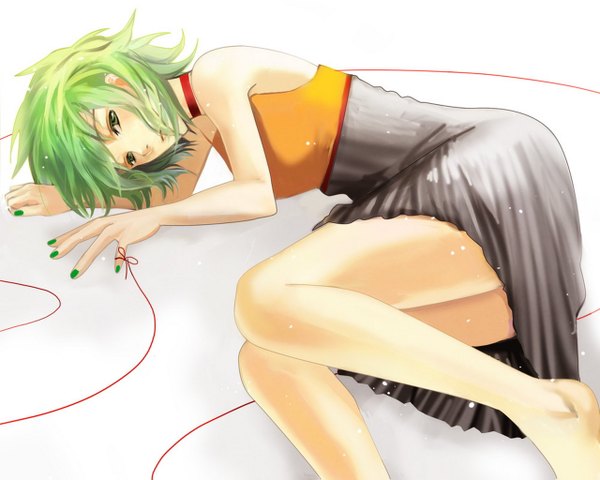 Anime picture 1280x1024 with vocaloid gumi bokuto single looking at viewer short hair white background bare shoulders green eyes lying nail polish barefoot green hair on side snowing snow embryo's pose green nail polish girl dress