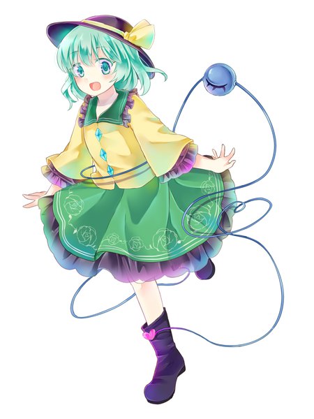 Anime picture 800x1066 with touhou komeiji koishi yurara (aroma42enola) single tall image short hair open mouth simple background standing white background green eyes full body green hair standing on one leg heart of string girl skirt hat heart knee boots