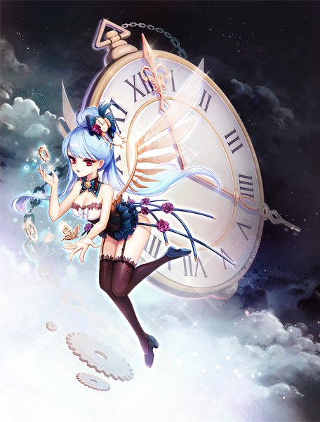 Anime picture 798x1049 with original eunyeon single long hair tall image fringe light erotic red eyes blue hair looking away cloud (clouds) full body bent knee (knees) night sparkle hair bun (hair buns) night sky floating hair mechanical wings girl