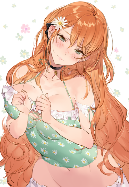 Anime picture 912x1323 with original tonito single long hair tall image blush breasts light erotic large breasts green eyes cleavage upper body head tilt hair flower orange hair midriff floral print floral background girl flower (flowers)
