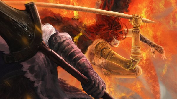 Anime picture 1920x1080 with elden ring malenia blade of miquella malenia goddess of rot tarnished (elden ring) toxxxy long hair highres wide image holding red hair fighting stance battle hair over eyes girl boy weapon sword prosthesis blade